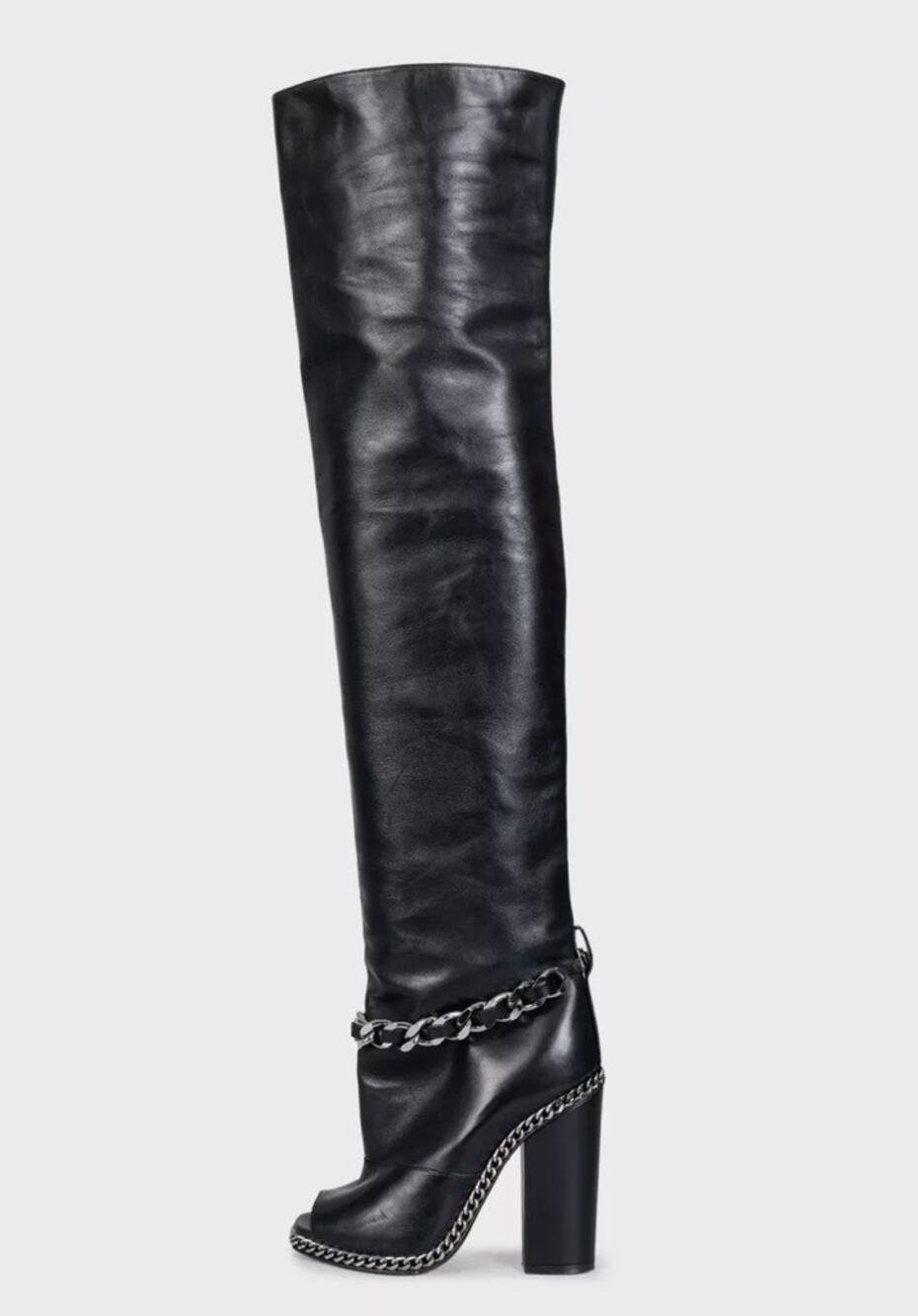 Balmain Black Leather Open-Toe Over-the-Knee Boots Sz.38